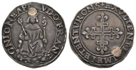 Napoli, Luigi XII 1501-1503
Carlino, AG 3.48 g.
Ref : MIR 112 (R2)
Conservation : troué sinon TTB. Très Rare