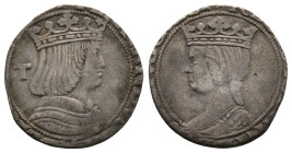 Napoli, Periodo Spagnolo
Ferdinando d'Aragona ed Elisabetta di Castiglia 1503-1504
Carlino, AG 2.36 g. 
Ref : MIR 115 (R3)
Conservation : Rognée sinon...