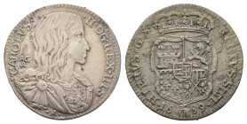 Napoli, Carlo II 1674-1700
Carlino, 1689, AG 2.48 g.
Ref : MIR 302/5
Conservation : nettoyé sinon TTB+