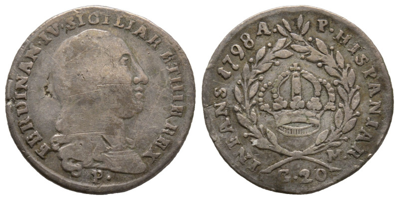 Napoli, Ferdinando IV di Borbone 1759-1799
20 Grana, 1798, AG 3.9 g.
Ref : MIR 3...