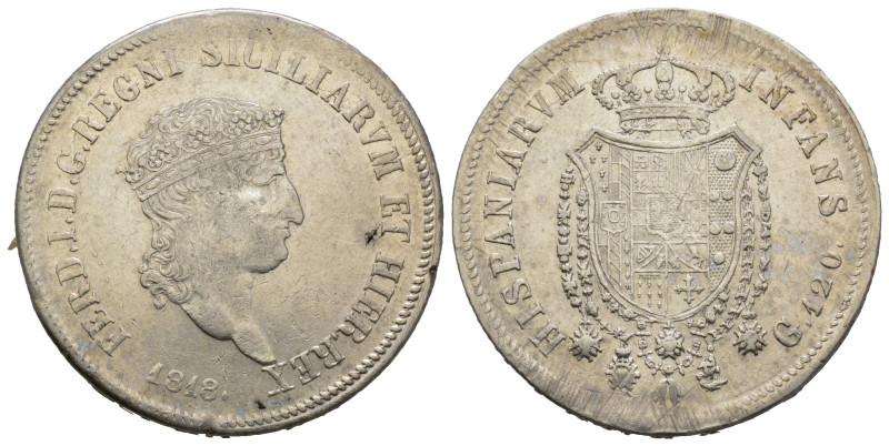 Napoli, Ferdinando I di Borbone 1816-1825
120 Grana, 1818, AG 27.3 g.
Ref : MIR ...