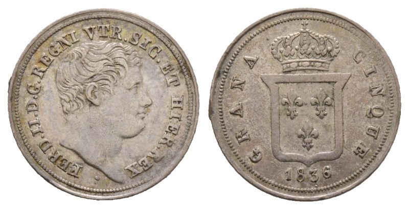 Napoli, Ferdinando II di Borbone 1830-1859
5 Grana, 1836, AG 1.15 g.
Ref : MIR 5...