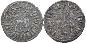 Armenia. Hetoum I and Queen Zabel, 1226-1271. AR Tram (21mm, 2.81g). Queen Zabel and King Hetoum standing facing / Crowned lion right. Bedoukian 40 (P...