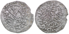 The Livonian Order. Wilhelm von Brandenburg, 1539-1563. Riga. AR Schilling (16mm, 0.71g). Eagle / Coat of Arms. Haljak 451. Good Fine, edge loss.