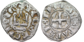 Crusaders. Achaia. Philipp von Tarent, 1306-1313. AR Denar (17mm, 0.65g). Kreuz / Facade of castle. Malloy p 397, 111a. Near Very Fine
