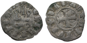 Crusaders. Achaia. Maud von Hainaut, 1316 - 1318. AR Denar (17mm, 0.70g). Cross / Facade of castle. Malloy p 366, 32. Fine