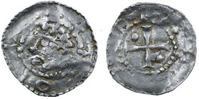 France. Toul Diocese. Berthold 996-1018. AR Denar (20mm, 1.24g). Toul mint. [+]OTTO [REX], diademed head left / Cross with pellet in opposing angle. D...