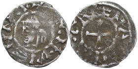 France. Vienne. Anonymous. ca. 1150. AR denier (17mm, 1.20g). Bust of St. Maurice left / Cross. Roberts 5045; Boudeau 1044; Poey d'Avant 4828. Fine.