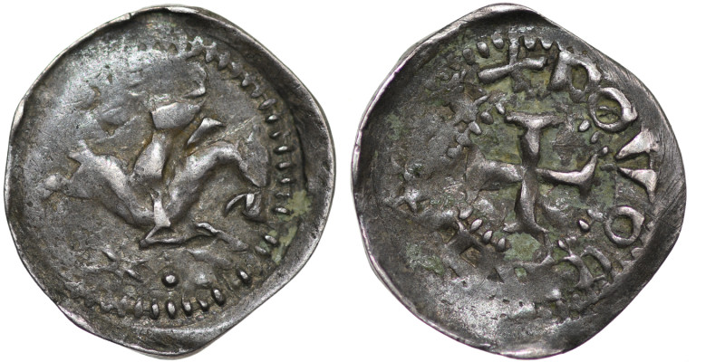 France. Loraine. Thiebaut I, 1281-1303. AR Denar (13mm, 0.46g). Horseman / Cross...