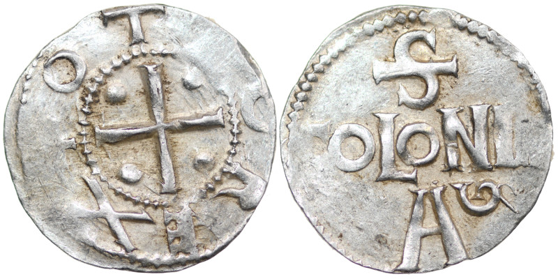 Germany. Cologne. Otto III 983-1002. AR Denar (18mm, 1.61g). Cologne mint. +OT[T...