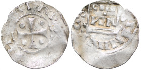 Germany. Cologne. Konrad II 1024-1039. AR Denar (19mm, 1.41g). Cologne mint. [+CHVON]RAD[VS], cross, pellet in each angle /[__]ANNARCH[__], church fac...