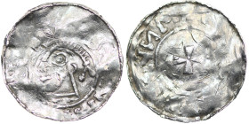 Germany. Saxony. Bernhard I 973-1011. AR Denar (18mm, 0.98g). Bardowick (or Lüneburg or Jever?) mint. Diademed and draped bust left / Small cross patt...