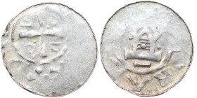 Germany. Duchy of Saxony. Otto III 983-1002. AR Obol (13.5mm, 0.50g). Goslar mint [+DIGRA+REX], short cross, in angels O D D O / +A[TEAHLHT], church f...