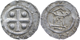 Germany. Mainz. Otto III 983-1002. AR Denar (17mm, 1.22g). Mainz mint. Cross with pellets in each angle / Church facade, x in center. Dbg. 779 var. Ne...
