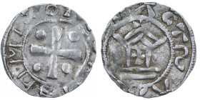 Germany. Mainz. Otto III 983-1002. AR Denar (18mm, 1.17g). Mainz mint. Cross with pellets in each angle / Church facade, x in center. Dbg. 777. Near V...