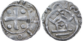 Germany. Mainz. Otto III 983-1002. AR Denar (16mm, 1.22g). Mainz mint. Cross with pellets in each angle / Church facade, x in center. Dbg. 777. Near V...