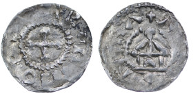 Germany. Swabia. Otto III 983-1002. AR Denar (17mm, 1.24g). Strasbourg mint. [+OTTO DIGA REX], cross / +A[RCE]NTNA, church. Dbg. 910; Kluge 39; E&L 70...