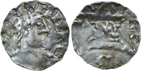 Germany. Swabia. Heinrich II 1002-1024. AR Denar (18mm, 1.43g). Strasbourg mint. Crowned head right / Church with cross in the center. Dbg. 916; Kluge...