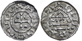 Germany. Duchy of Bavaria. Heinrich II 985-995. AR Denar (21mm, 1.73g). Regensburg mint; moneyer MΛO. HENRDVSDVX, cross with one pellet in opposing an...