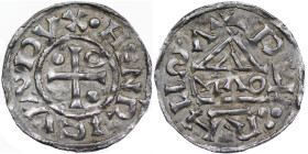 Germany. Duchy of Bavaria. Heinrich II 985-995. AR Denar (21mm, 1.69g). Regensburg mint; moneyer MΛO. ·HENRICVSDVX, cross with one pellet in opposing ...