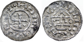 Germany. Duchy of Bavaria. Heinrich II 985-995. AR Denar (21.5mm, 1.70g). Regensburg mint; moneyer MΛO. +·HƎIVRIVSUV, cross with one pellet in opposin...