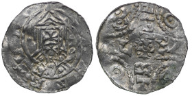 The Netherlands. Counts of Holland. Dirk IV 1039–1049. AR Denar (17mm, 0.72g). Rijnsburg mint. [RINE]SBVRG, Carolingian temple facade on arc with cros...