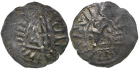 The Netherlands. Friesland. Ca 1000. AR Denar (20mm, 0.61g). Uncertain mint in Friesland. High triangle with cross on top and in center / Cross with p...
