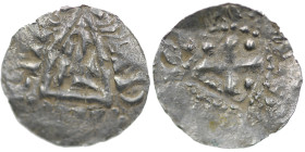 The Netherlands. Friesland. Ca 1000. AR Denar (18mm, 0.35g). Uncertain mint in Friesland. High triangle with cross on top and in center / Cross with p...