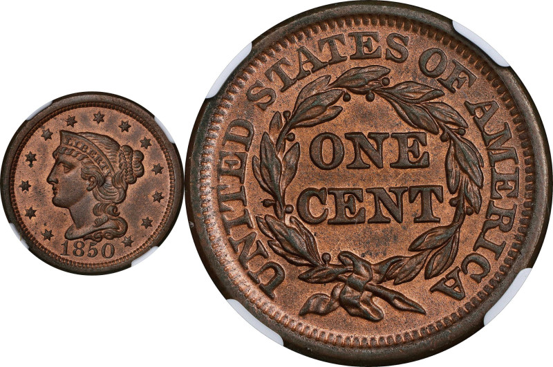 1850 Braided Hair Cent. MS-64 RB (NGC).
PCGS# 1890. NGC ID: 226G.

Estimate: ...