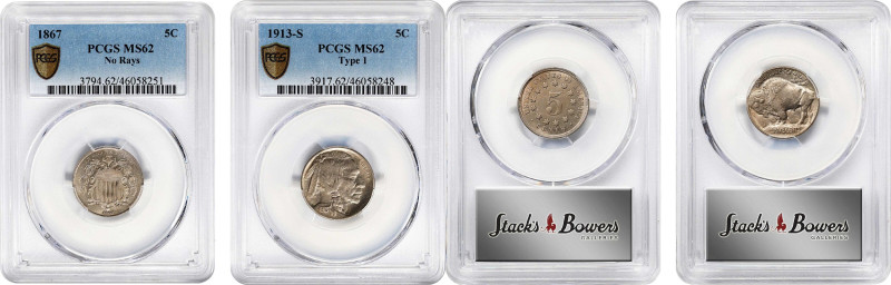 Lot of (2) Shield and Buffalo Nickels. MS-62 (PCGS).
Included are: 1867 Shield,...