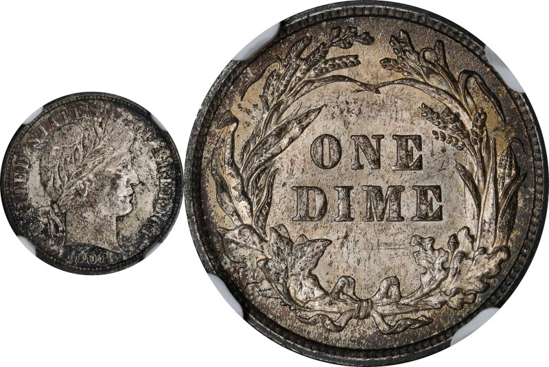 1908 Barber Dime. MS-62 (NGC).
PCGS# 4846. NGC ID: 23F7.

Estimate: $140