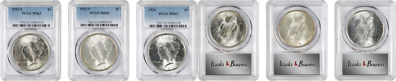 Lot of (3) Peace Silver Dollars. MS-63 (PCGS).
Included are: 1922-S; 1923-S; an...