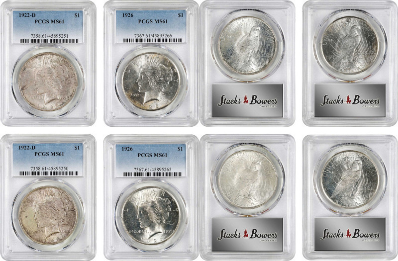 Lot of (4) Peace Silver Dollars. MS-61 (PCGS).
Included are: (2) 1922-D; and (2...