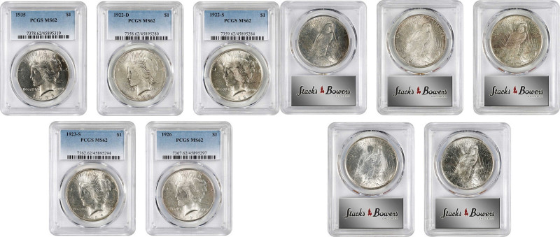 Lot of (5) Peace Silver Dollars. MS-62 (PCGS).
Included are: 1922-D; 1922-S; 19...