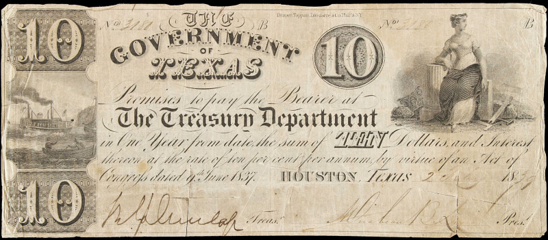 Houston, Texas. Government of Texas. 1839. $10. Fine.
Cr. H17. Cut cancelled. S...