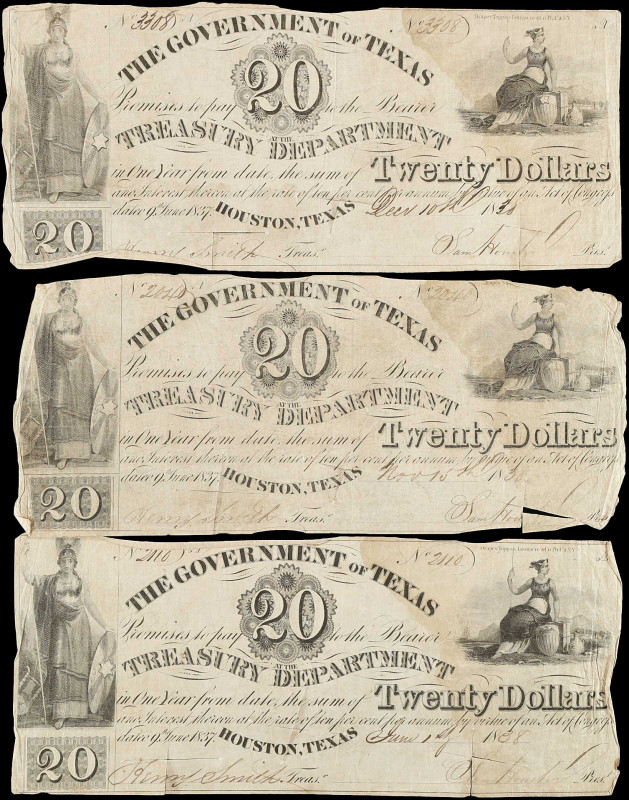 Lot of (3). Houston, Texas. Government of Texas. 1838. $20. Fine.
Cr. H18. Smit...