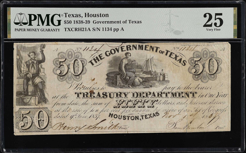 Houston, Texas. Government of Texas. 1838-39. $50. PMG Very Fine 25.
(TXCRH21A)...