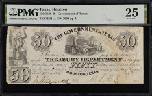 Houston, Texas. Government of Texas. 1838-39. $50. PMG Very Fine 25.
(TXCRH21A). No. 2692, Plate A. PMG comments "Cut Cancelled, Stains".
From the L...