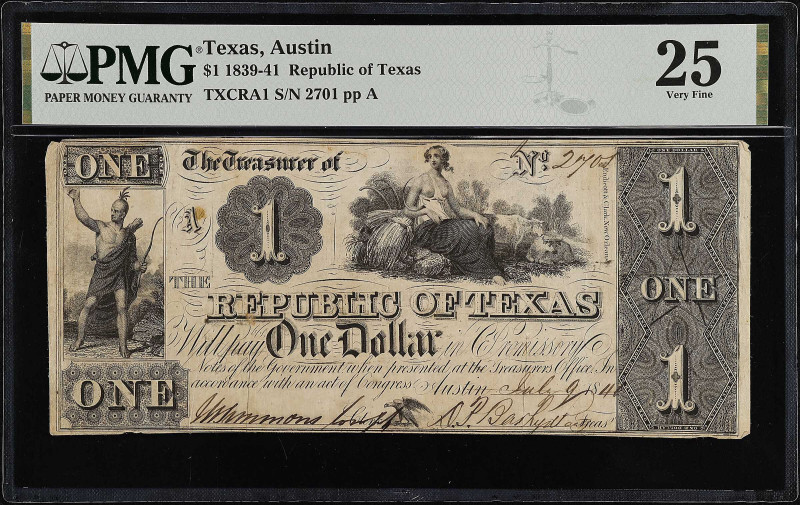 Austin, Texas. Republic of Texas. 1839-41. $1. PMG Very Fine 25.
(TXCRA1). No. ...