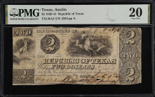 Austin, Texas. Republic of Texas. 1839-41. $2. PMG Very Fine 20.
(TXCRA2). No. 4394, Plate A. PMG comments "Cut Cancelled".
From the Last Chance Hoa...