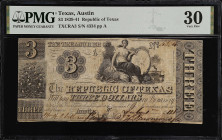 Austin, Texas. Republic of Texas. 1839-41. $3. PMG Very Fine 30.
(TXCRA3). No. 4334, Plate A. PMG comments "Cut Cancelled".
From the Last Chance Hoa...