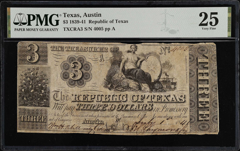 Austin, Texas. Republic of Texas. 1839-41. $3. PMG Very Fine 25.
(TXCRA3). No. ...