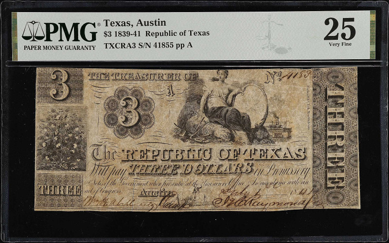 Austin, Texas. Republic of Texas. 1839-41. $3. PMG Very Fine 25.
(TXCRA3). No. ...