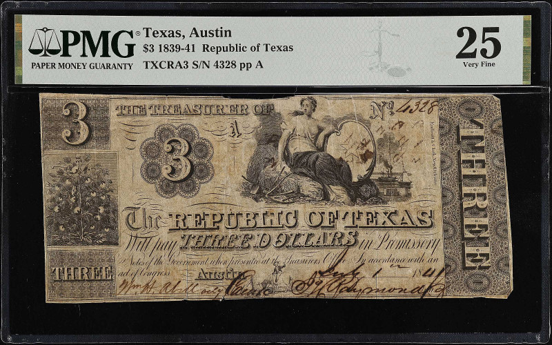 Austin, Texas. Republic of Texas. 1839-41. $3. PMG Very Fine 25.
(TXCRA3). No. ...