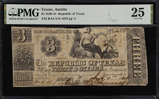 Austin, Texas. Republic of Texas. 1839-41. $3. PMG Very Fine 25.
(TXCRA3). No. 4328, Plate A. PMG comments "Cut Cancelled, Annotations".
From the La...