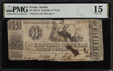 Austin, Texas. Republic of Texas. 1839-41. $3. PMG Choice Fine 15.
(TXCRA3). No. 3841, Plate A. PMG comments "Cut Cancelled, Ink".
From the Last Cha...