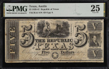 Austin, Texas. Republic of Texas. 1839-41. $5. PMG Very Fine 25.
(TXCRA4). No. 4314, Plate A. PMG comments "Cut Cancelled".
From the Last Chance Hoa...