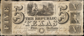 Austin, Texas. Republic of Texas. 1839. $5. Fine.
Cr. A4. Cut cancelled. Pinholes. Edge wear/damage.
From the Last Chance Hoard Collection.

Estim...