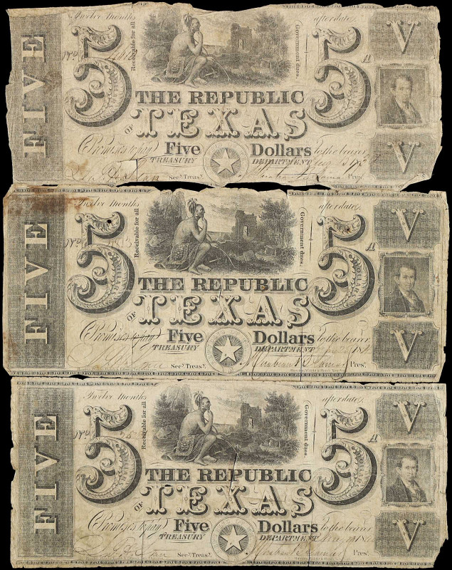 Lot of (3). Austin, Texas. Republic of Texas. 1830s-40s. $5. Very Good to Fine....