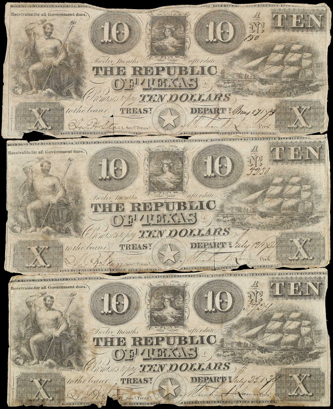 Lot of (3). Austin, Texas. Republic of Texas. 1839. $10. Fine.
Cr. A5. A trio o...